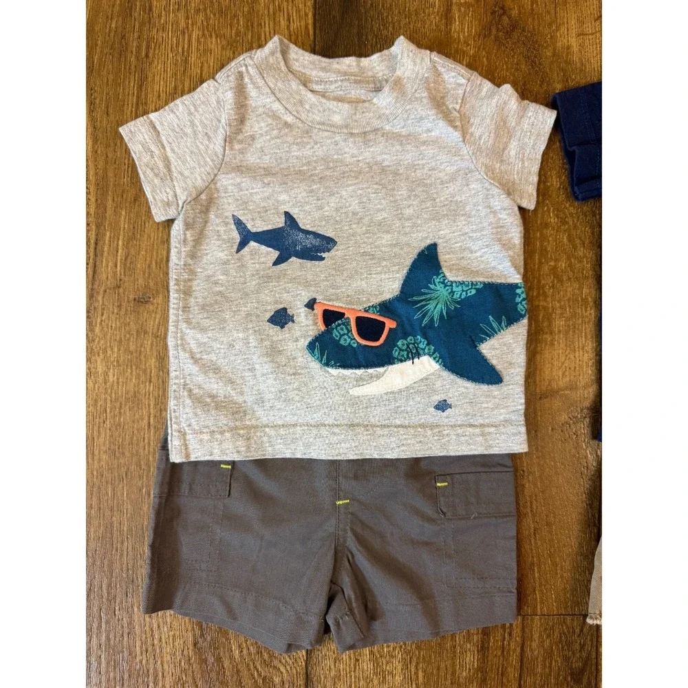 Baby Boy 3 Months Summer Clothes Lot Outfits Shark Navy Brown Gray Shorts Shirts
